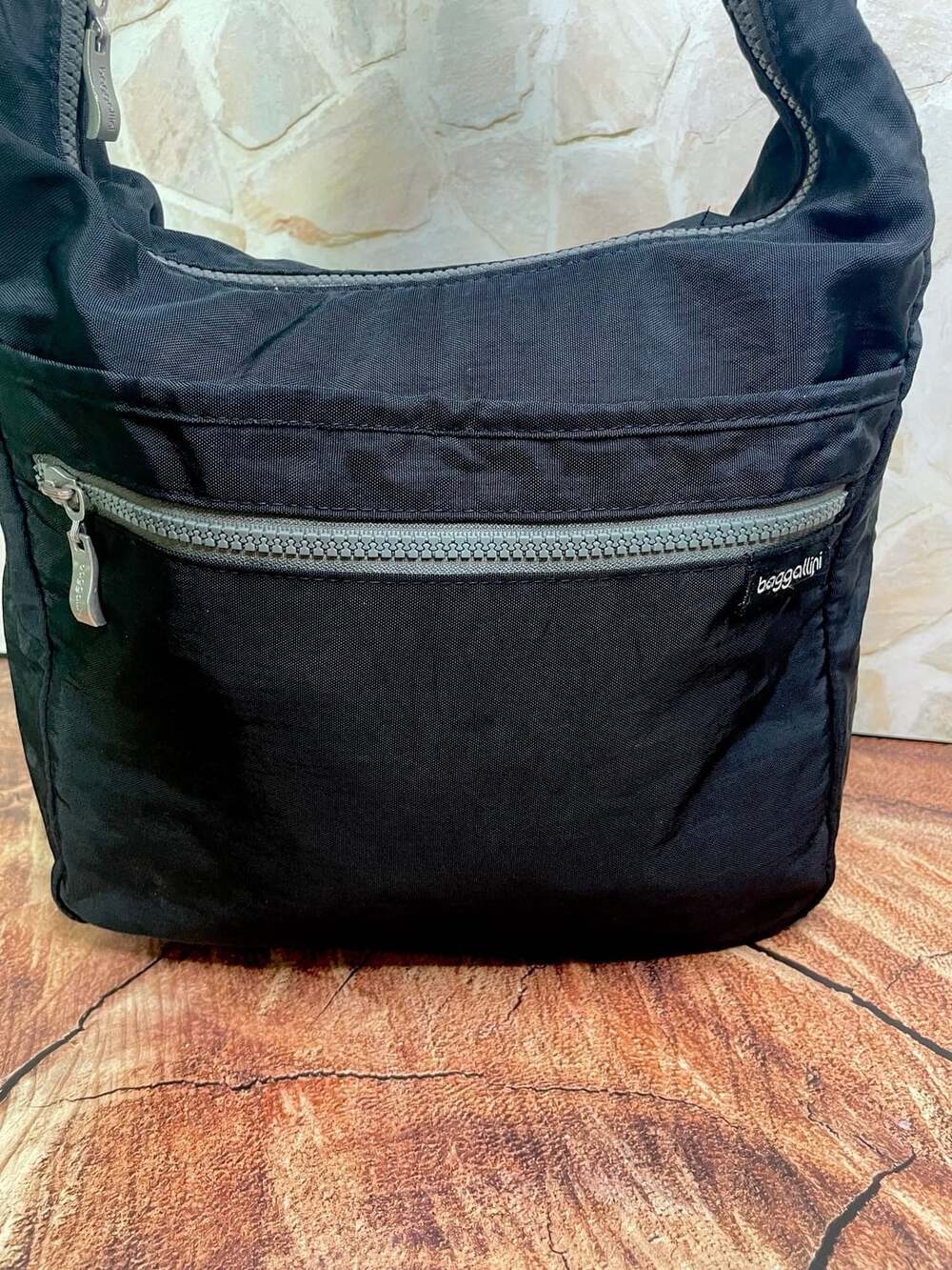 Baggallini Black Nylon Hobo Shoulder Bag with Front Zipper Pocket